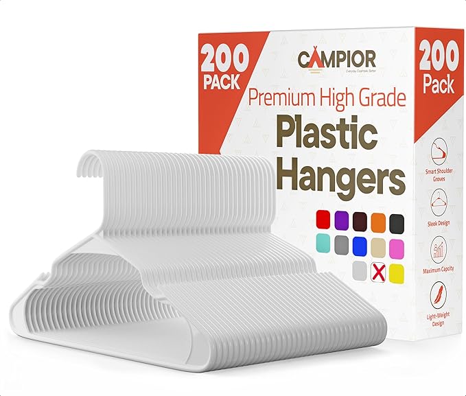 White Plastic Hangers 200 Pack– Heavy-Duty Plastic Hangers Slim and Space-Saving, Durable and Lightweight PP with Non-Slip Shoulder Notches for Slip Dresses, Suits, Jackets & Camisoles