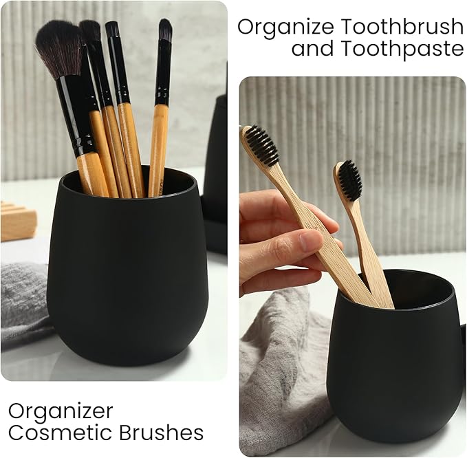 Black Bathroom Accessories Set, Modern 3 Pcs Bathroom Essentials - Soap Dispenser, Toothbrush Holder & Tray, Countertop Vanity Organizer (Black)