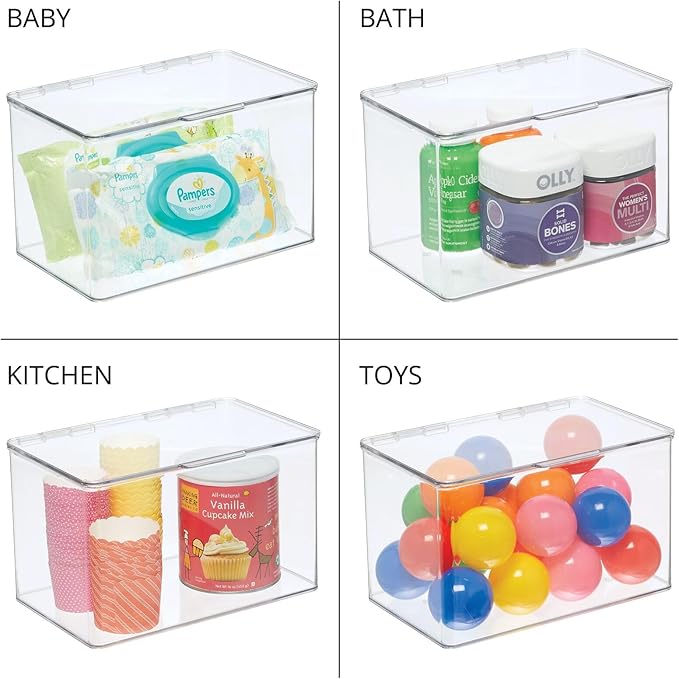 mDesign Set of 2 Storage Boxes with Lids – Stackable Plastic Storage Boxes for Nursery – Practical Plastic Toy Box Set – Clear