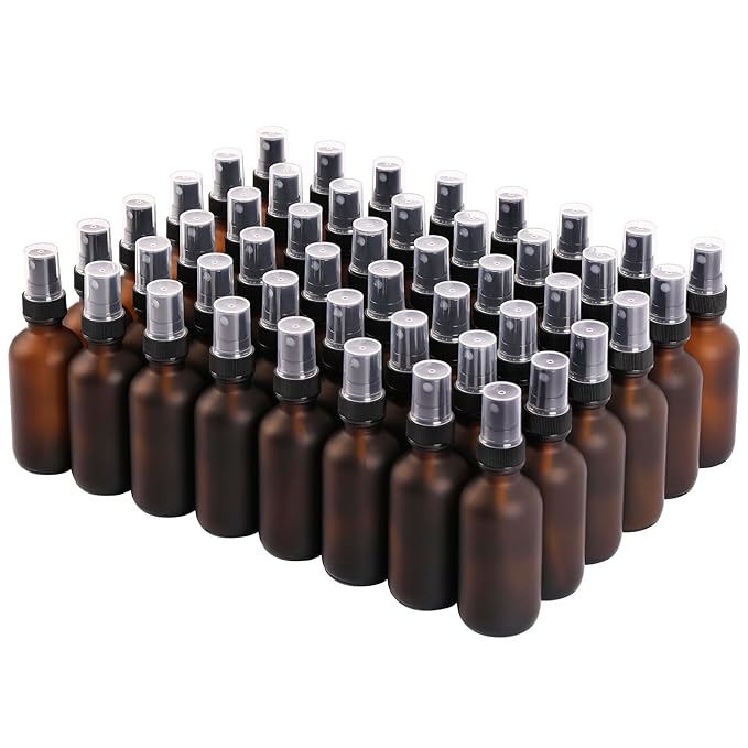 Green Glass Small Spray Bottles 2 oz 48 Packs,Fine Mist Sprayer Pretty Finish,Refillable Containers mini spray bottles for Cleaning Solutions and Skin Care (Amber Frosted 48Pack)