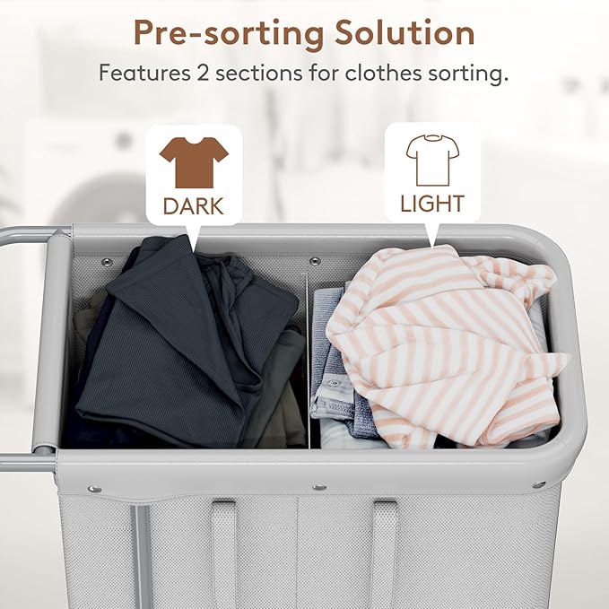 Lifewit 150L Large Laundry Basket with Wheels, Tall 2 Section Laundry Hamper Organizer, Rolling Laundry Cart with Steel Frame & Removable Bag for Luandry Room Bathroom Bedroom, Silver Gray