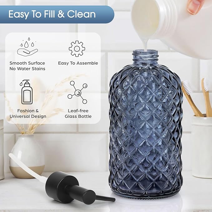 2 Pack Gem Glass Soap Dispenser with Black Plastic Pump, 13oz Liquid Hand Soap Dispenser, Rustproof Pump for Kitchen & Bathroom, Great for Lotions, Essential Oil, Liquid Soaps-Grayish Blue