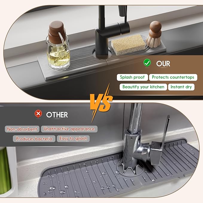 Faucet Mat for Kitchen Sink, Diatomite Quick Drying Tray , 15.8 Inch Kitchen Sink Splash Guard and Bathroom Stone Tray for Counter. Super Absorben.Deep Grey