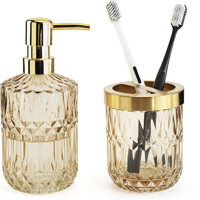 Glass Bathroom Accessories Set, 2PCS Clear Glass Bathroom Accessory, Toothbrush Holder and Soap Dispenser Set for Modern Bathroom Decor(Amber)