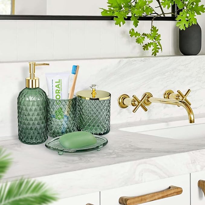 Bathroom Accessories Set, 4Pcs Sage Green Glass Bathroom Accessory Set Complete w/Lotion Soap Dispenser, Toothbrush Holder, Qtip Holder, Soap Dish, Gold Bathroom Decor Sets, Gift for Home Apartment