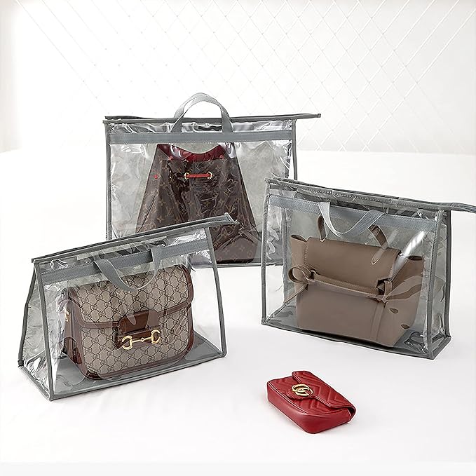 CINPIUK 4 Pack Handbag Dust Bags Clear Purse Storage Organizer for Closet, Zipper Hanging Storage Bag for Handbags, Grey
