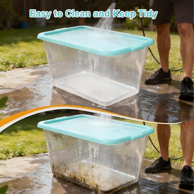 Storage Totes with Lids - Made in USA 14.5-Gallon (58-Quart) 4-Pack storage bins with lids plastic storage containers large storage boxes for Organizer Sky Blue/Clear