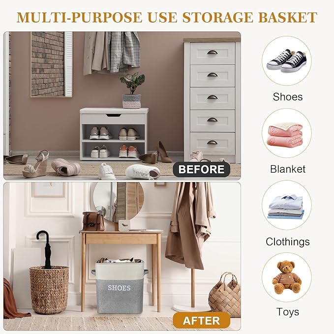 Lukeline Fabric Shoe Basket for Entryway, Hallway or Mudroom - Flodable Space-Saving Storage Bin for Closet, Decorative Home Decor (Extra Large)