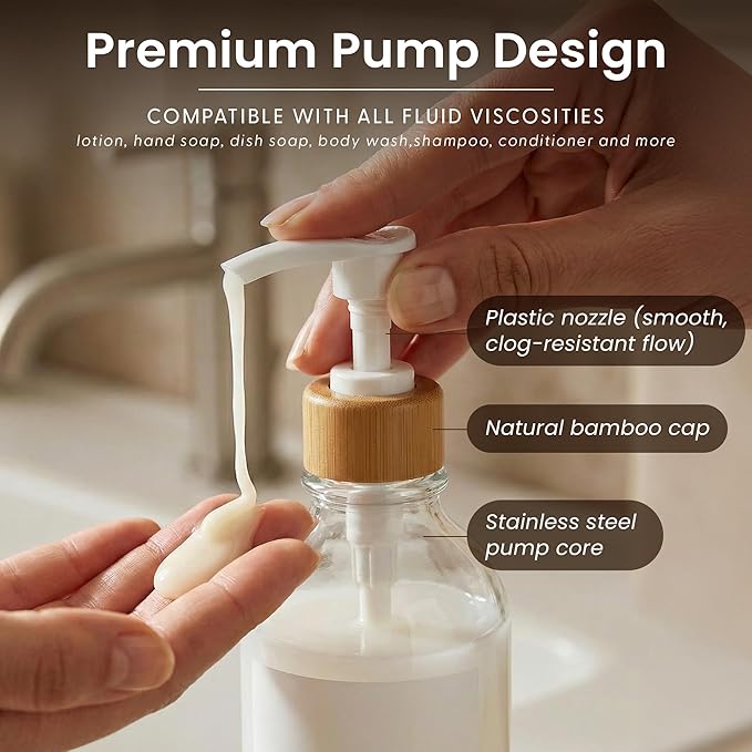 MaisoNovo Hand and Dish Soap Dispenser for Kitchen Set of 2-16.9oz Clear Dish and Hand Soap Dispenser Set for Kitchen - Clear Plastic Bottles x 2 with White Bamboo Pumps & Tray
