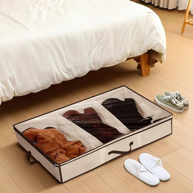 SATINIOR 3 Pcs 3 Section Under Bed Shoe Storage Boot Bag Beige and Brown Underbed Shoe Organizer with Large Clear Pockets Fabric for Storage Men's and Woman's Boots