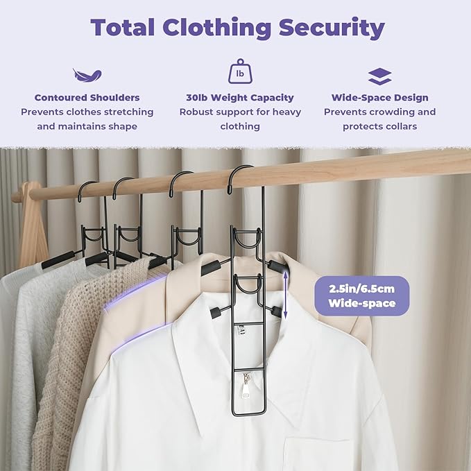 Shirt Hangers Space Saving, 5 in 1 Multi Layer Clothes Hanger with Non-Slip Foam Padded, Heavy Duty Metal Thick Magic Closet Organizers and Storage for Coat, Sweater, T-Shirt, 4 Pack (Black)