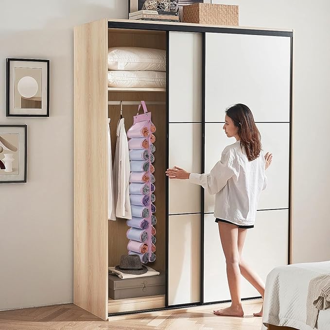 Legging Organizer Storage, 2PCS T Shirt Organizer, Foldable Hanging Closet Organizer Storage with 26 Roll Independent Compartments for Yoga Pants, Tank Top, Towel, Underwear (Pink)