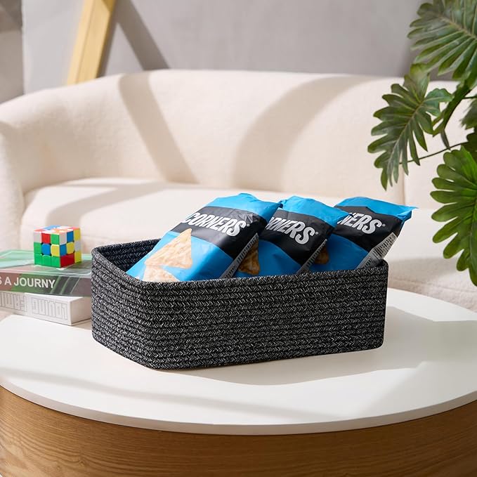 Large Shallow Organizing Baskets 15x11x5.1 Inches - Rope Woven Storage Bins for Bathroom, Shelves, Cube Closet, Mixed Black 4 Packs