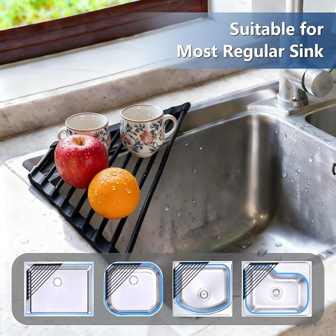 Credon Triangle Roll Up Dish Drying Rack, Foldable Anti-Slip Kitchen Sink Drainer Organizer, Silicone Coated Stainless Steel Frame, Multipurpose Over Sink Corner Caddy for Space Saving (Black)