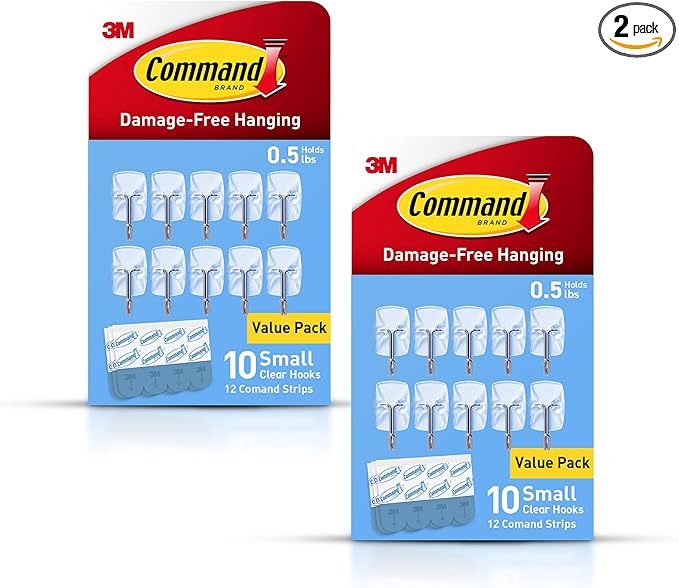 Command Small Clear Wire Toggle Hooks, 20 Count with 24 Strips, Damage-Free Adhesive for Wall Hanging and Storage, Holds up to 0.5 lb