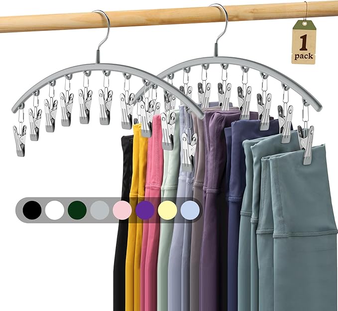 Legging Organizer for Closet, Metal Yoga Pants Hanger w/Rubber Coated 1 Pack w/10 Clips Hold 10 Leggings, Hangers Space Saving Hanging Closet Organizer for Closet Organizers and Storage-Gray