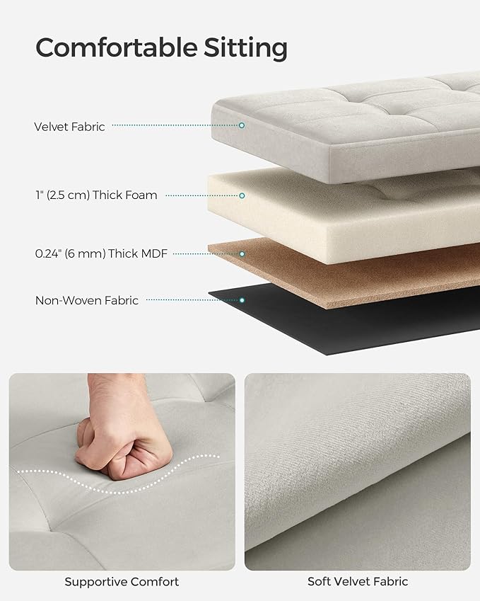 SONGMICS Small Storage Ottoman, Folding Ottoman Cube, 15 x 15 x 15 Inches, Footstool, Footrest, 11 Gal. (43 L), Velvet Surface, for Bedroom, Living Room, Dorm, Cream White ULSF227W01