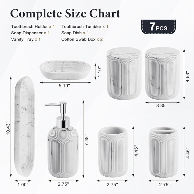 Bathroom Accessories Set - 7-Piece Resin Bathroom Set, Toothbrush Holders Set, Soap Dispenser, Qtip Holder Dispenser, Tumbler, Soap Dish & Tray, Modern Bath Decor for Home Dorm Hotel (Marble White)