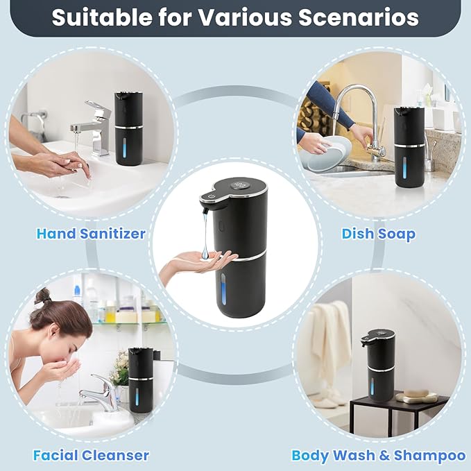 Automatic Soap Dispenser, Touchless Liquid Soap Dispensers, USB Rechargeable, 6-Level Adjustable Volume Control, 12.8oz/380ml, Wall Mount for Kitchen, Bathroom, Free Liquid Dispenser Stickers (Black)