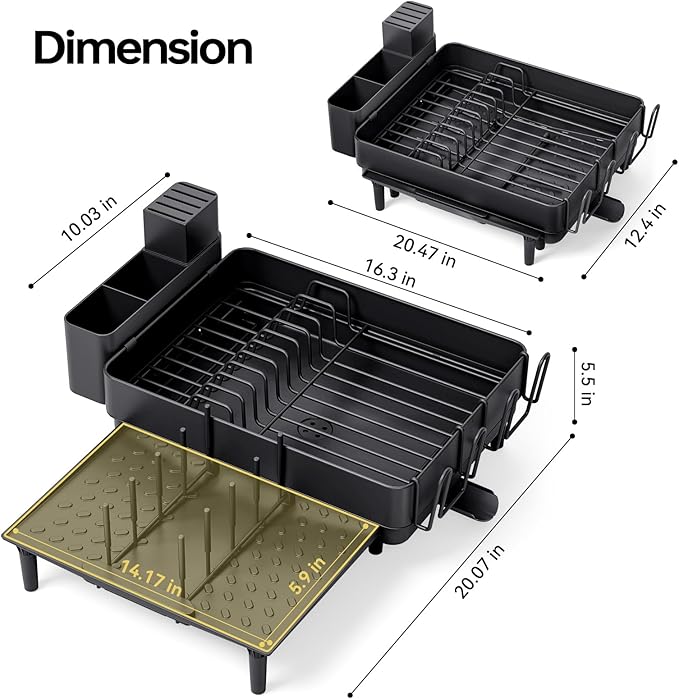 Dish Drying Rack for Kitchen Counter, 304 Stainless Steel Dish Rack, Expandable Dish Drainer, Foldable Dish Strainer with Cutlery Holder, Kitchen Plate Rack (Black, Large Size)