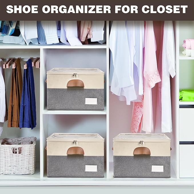 2 Pack Shoe Organizer for Closet, Adjustable Shoe Box Storage Containers, Large Foldable Shoe Bins with Clear Cover, Space Saving Shoes Holder with 4 Handles, Fits 16-32 Pairs, Beige