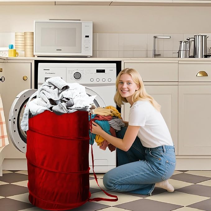 BATTOO Collapsible Laundry Baskets- Foldable Hamper for Laundry Extra Large Pop Up Laundry Hamper 107L with Long Straps Drawstring Clothes Hamper for Bathroom, Campout, Dorm or Travel Red