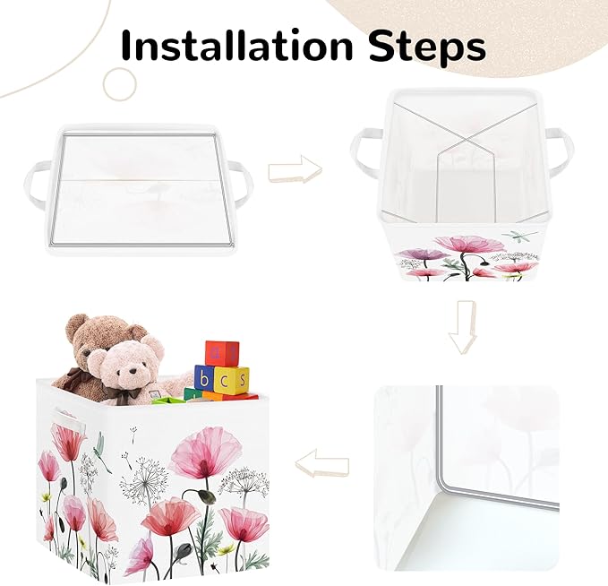 Clastyle Flowers Storage Cube Organizer Set Handle Closet Clothes Cube with Metal Frame Foldable Parents Organizer Storage Basket for Book Toy,Red Poppy,11.8x11.8x11.8 in