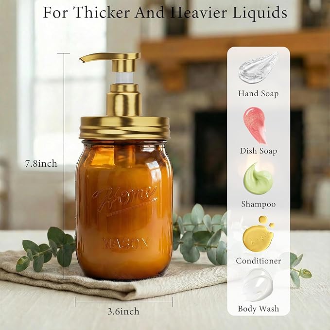 Amolliar Plastic Mason Jar Soap Dispenser with Pump Lid,16OZ Refillable Hand Soap Dispenser Set with Cute Lables - Farmhouse Decor for Kitchen Bathroom, Liquid Soap, Dish Soap, Lotion (2 Pack, Amber)