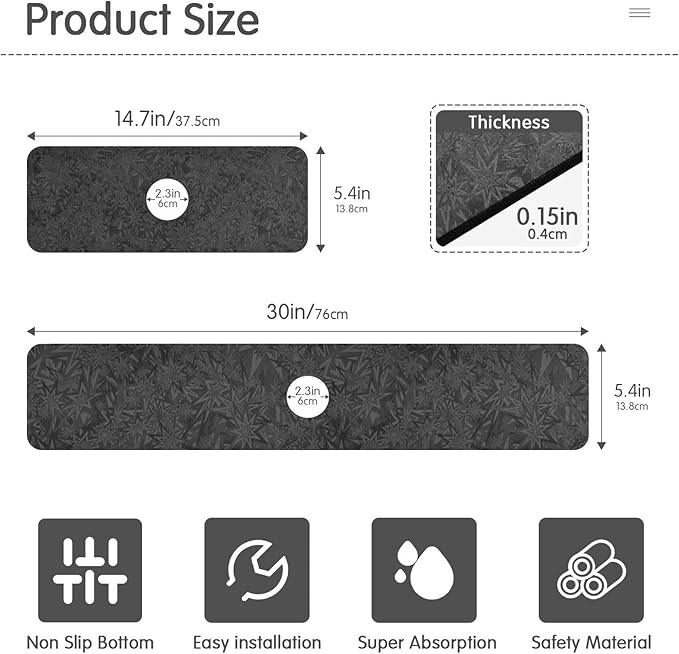 Kitchen Sink Splash Guard 2 PCS 30 Inch Sink Faucet Mat Splash Guard for Bathroom Countertop Water Absorbent Foldable Cuttable Soft Washable Black
