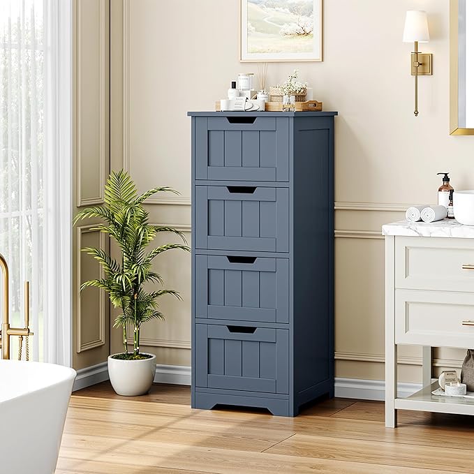 FOTOSOK Bathroom Storage Cabinet, Bathroom Cabinet with 4 Drawers, 11.8” x 11.8” x 32.5” Freestanding Entryway Cupboard Storage Organizer Unit Home Furniture Decor, Blue