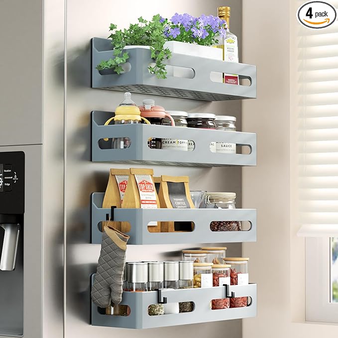 4 Pack Strong Magnetic Spice Rack for Refrigerator, Multipurpose Magnetic Shelf for Fridge with 4 Hooks for kitchen and Bathroom Organization, Grey