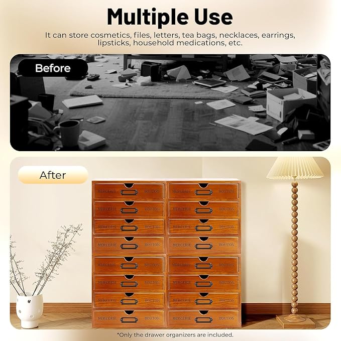 Vintage Wooden Drawer Organizer with 16 Drawers, 4-Tier Stackable Desktop Storage Box for Office, Home, Craft Supplies – Compact Space-Saving Design, Sturdy Pine Wood Construction, Built-In Label