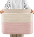 danpinera Woven Rectangle Storage Basket, Large Blanket Basket for Living Room,Kids Room, Storage Bin Box with Handle for Pillows, 22’’*17’’*11.8’’, 72L, White/Pink