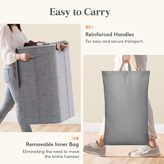 Lifewit 185L Large 3 Section Laundry Hamper with Lid, Plastic Laundry Basket with Bamboo Handles and Removable Bags, Tall Foldable Clothes Hamper for Bathroom Bedroom, Light Gray