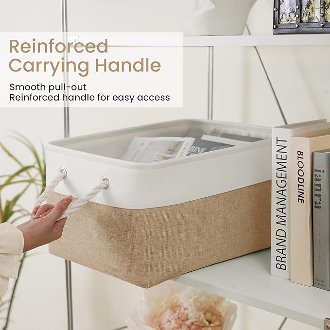 Large Storage Baskets- 15.7x11.8x8.26 inch Storage Bins for Shelves and Closet Organizing, Foldable Fabric Bin for Home Organization Clothes and Laundry (1-Pack, White&Khaki)