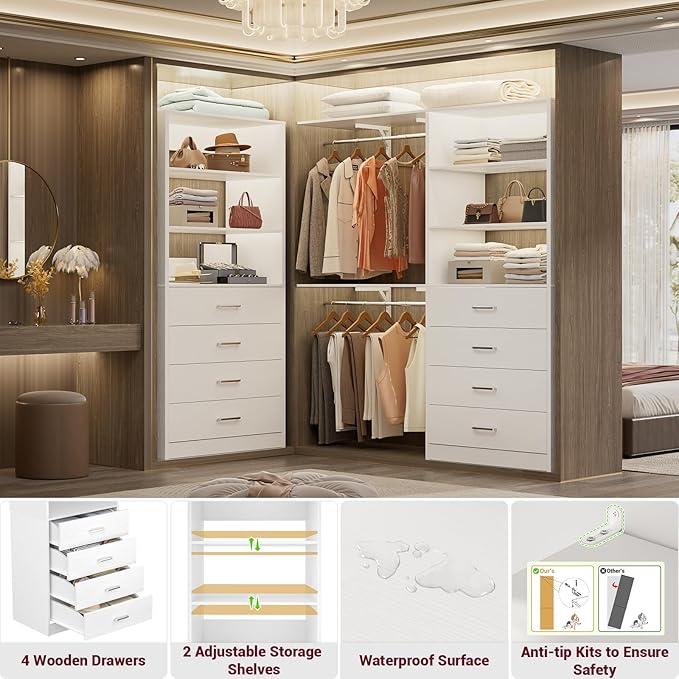 Aheaplus Closet Drawers Organizer System, 21.3" Wood Closet System with 4 Drawers, Modular Walk-in Closets Storage Unit, White