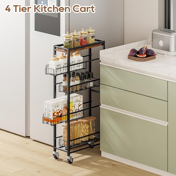 Slim Rolling Cart Kitchen Utility Cart, Narrow Kitchen Cabinet with 4 Pull-Out Baskets - Versatile Rolling Storage Cart for Spices, Pantry & Bathroom Organization (Dark Black)