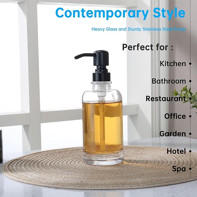 Soap Dispenser Oil Rubbed Bronze Bathroom Kitchen, 11 oz Glass Cylindrical Bottles with Stainless Steel Pump Liquid Hand Soap Dispenser Kitchen
