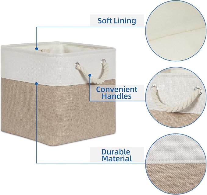 Temary Cube Storage Bins 11 x 11 Fabric Storage Baskets 4 Pack Storage Cubes Baskets for Gift Empty, Cube Organizer Bins Cloth Basket for Storage (White&Khaki)