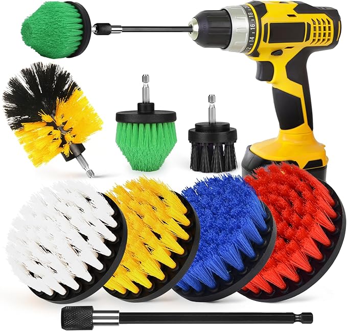 8Pcs Drill Brush Attachment Set, 7Pcs 1/4in Power Scrubber + Extend Long Attachment, Power Cleaning Scrub Brush for Bathroom, Tub, Tile, Corner