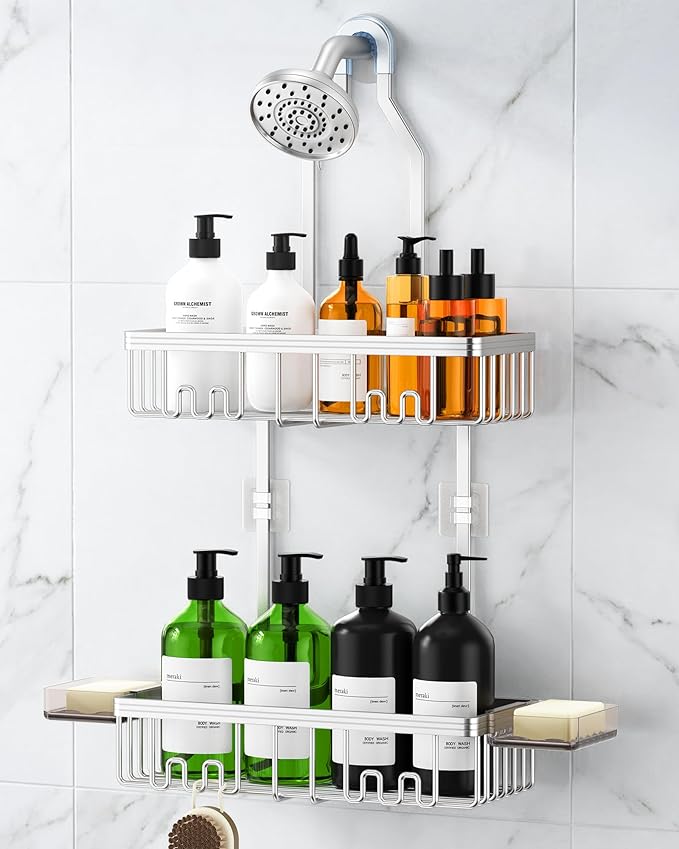 VALORDINE Shower Caddy Hanging, Shower Organizer Hanging, Aluminum Shower Racks for Inside Shower with Hooks for Razor, Never Rust Bathroom Organizers and Storage with Soap Holder, Bright Silver