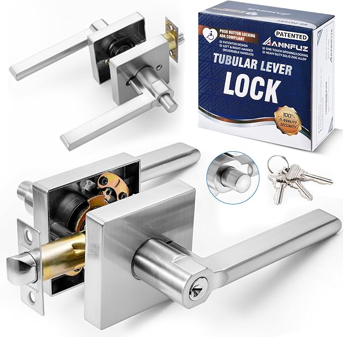 Entry One-Touch Push Button Locking Door Handle Lock with Keys,Non-Handed Opening,Entrance Reversible Left Right Lever for Interior/Exterior Front Door, ADA-Compliant Knob,for Office,Bedroom