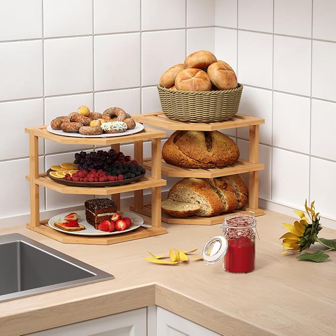 3 Tier Bamboo Corner Shelf(2 Pack),Dish Drying Rack,Plate Organizer,Kitchen Spice Rack for Countertop and Cabinet