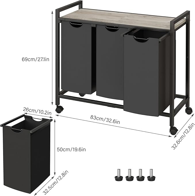 Laundry Hamper, Laundry Basket, Laundry Sorter with 2 Pull-Out and Removable Bags, Shelf, Laundry Room Storage with Table, for Bathroom, Bedroom, 3 x 10.5 Gal (40L), Greige