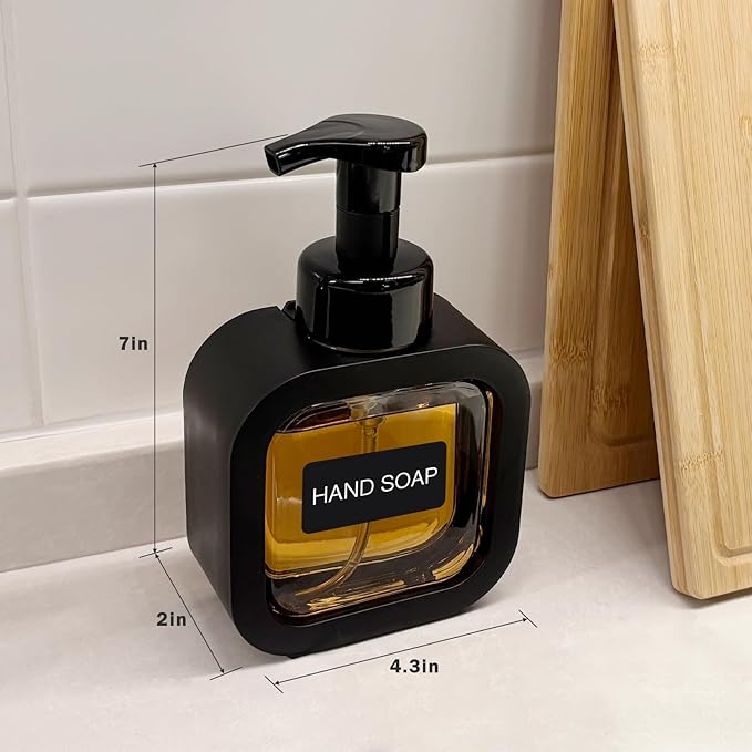 Foaming Soap Dispenser, 2 Pack 300ml (10oz) Plastic Refillable Foaming Hand Soap Dispenser with 16 Pcs Waterproof Labels, Foam Pump Bottle for Bathroom and Kitchen (Black)