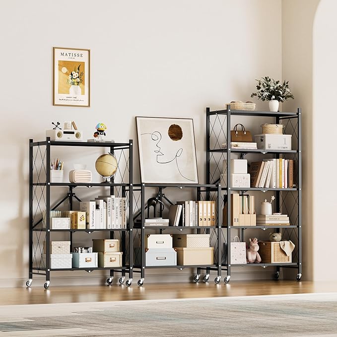 HealSmart Heavy Duty 3-Tier Foldable Metal Rack, 14.96" D x 27.95" W x 34.25" H Storage Shelving Unit 750 lbs with Wheels Moving Organizer Shelves for Garage Kitchen, Black, 2 Pack