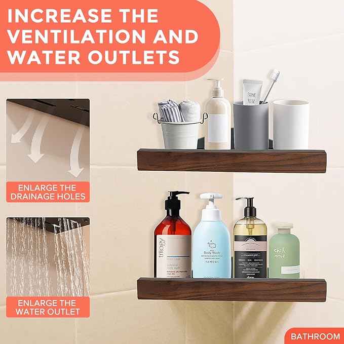 Bathroom Corner Shelf 1-Pack, Shower Shelves Corner with High Guardrail - No Drilling Shower Caddy, Solid Walnut Finish Aluminum Shelf
