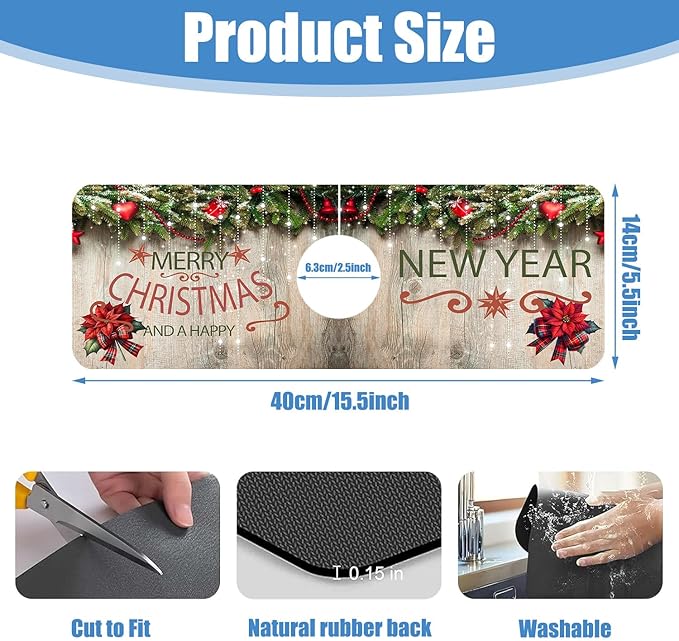 Chrismas Sink Splash Guard Faucet Mat Cute Christmas Absorbent Fast Drying Mat Sink Gadgets Splash Guard Behind Faucet Drip Catcher for Kitchen Bathroom 15.5"X5.5"