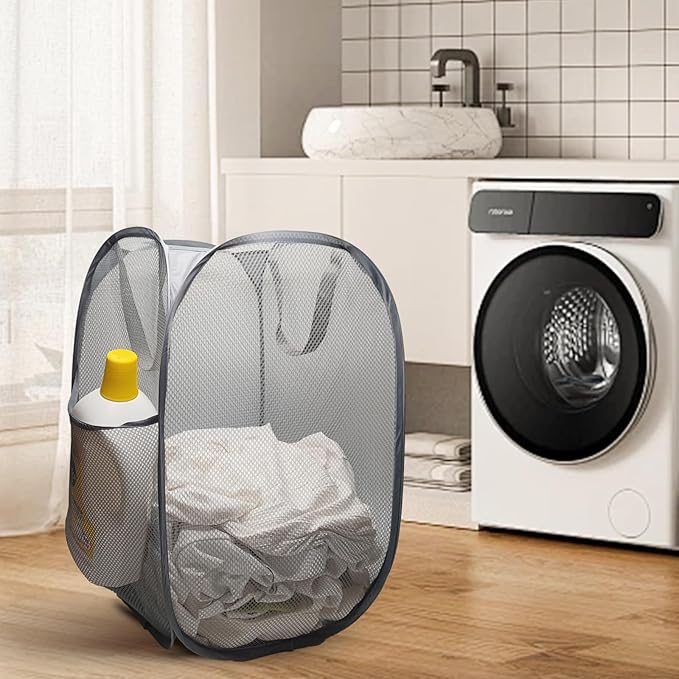 The upgraded pop-up laundry basket features a breathable side pocket mesh design, making it ideal for rooms, apartments, dormitories, travel, business trips, and children's storage(2, Gray)