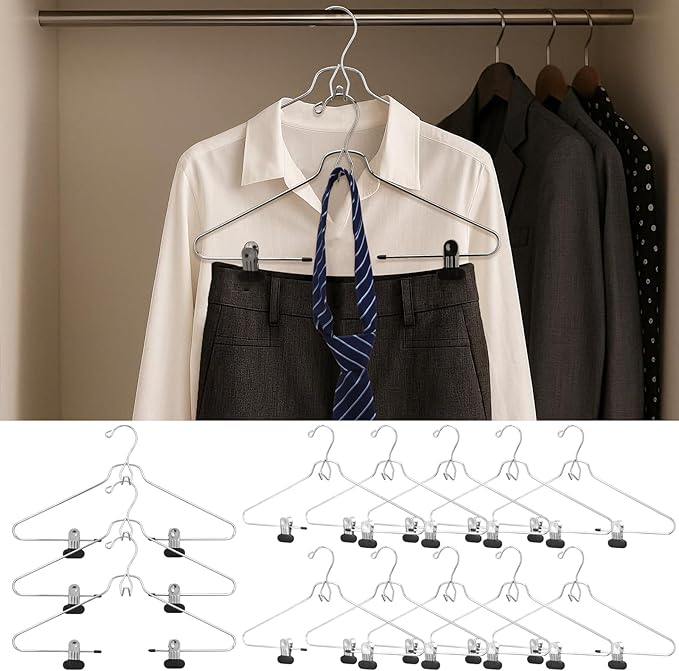 Ripeng 10 Pcs Stackable Skirt Pants Clothes Metal Hangers,Heavy-Duty Skirt Metal Hangers with Adjustable Clips,Space Saving Multi Stackable Add on Organization for Jeans Towels Trousers Ties Socks